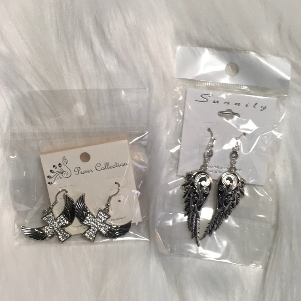 2 pair of Silver Tone & Crystal Wing Earrings NWT